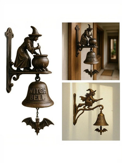 Cloche de Porte d'Entrée Vintage en Métal pour Halloween | Sonnette Sorcière & Chien