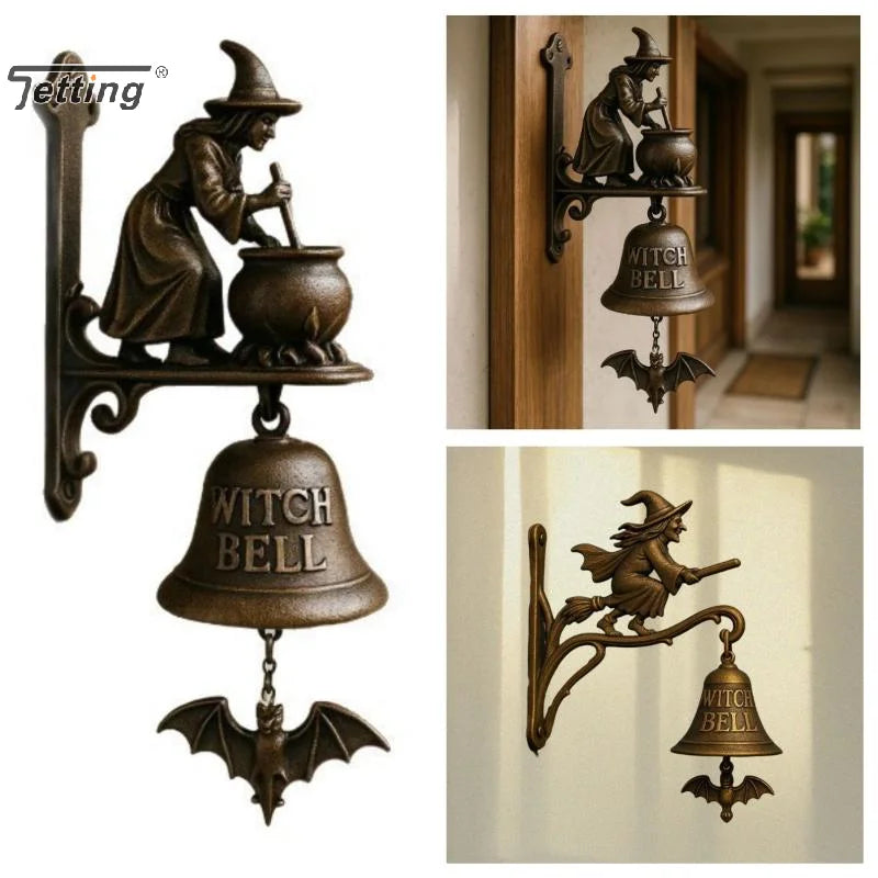 Cloche de Porte d'Entrée Vintage en Métal pour Halloween | Sonnette Sorcière & Chien