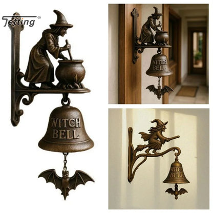 Cloche de Porte d'Entrée Vintage en Métal pour Halloween | Sonnette Sorcière & Chien