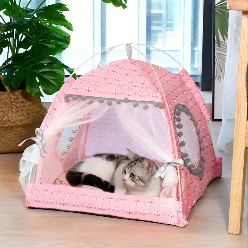 Semi-Enclosed Pet Tent Bed - Universal All Seasons Cat & Small Dog House with Floral Design