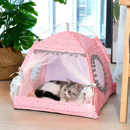 Semi-Enclosed Pet Tent Bed - Universal All Seasons Cat & Small Dog House with Floral Design