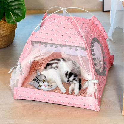 Semi-Enclosed Pet Tent Bed - Universal All Seasons Cat & Small Dog House with Floral Design