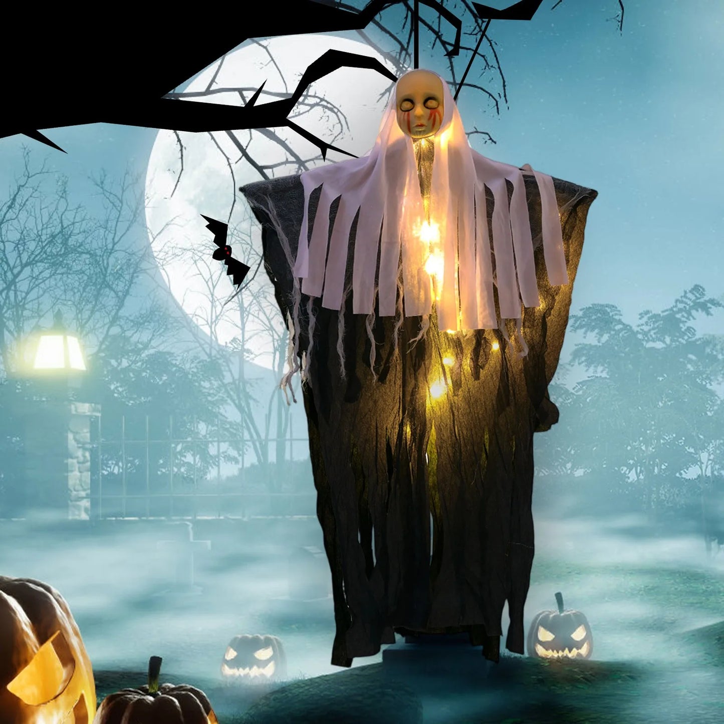 Halloween Hanging Ghost Ornament Prop - Cloth & LED Skeleton Figure for Haunted House & Outdoor Party Decor