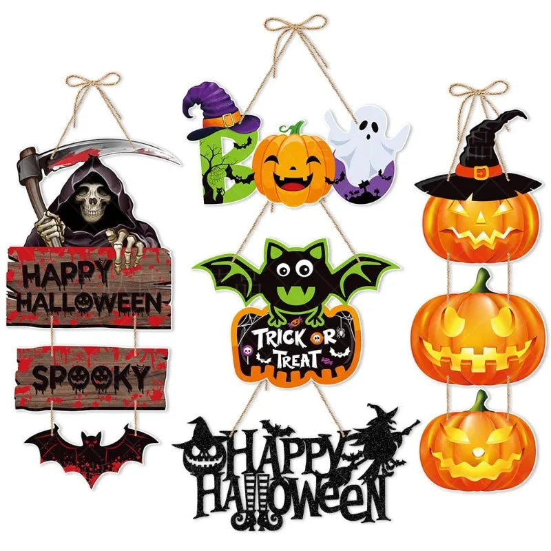 Halloween Party Door Decorations - Horror Pumpkin, Ghost & Bat Hanging Paper Signs for Festival Decor