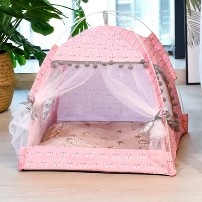 Semi-Enclosed Pet Tent Bed - Universal All Seasons Cat & Small Dog House with Floral Design