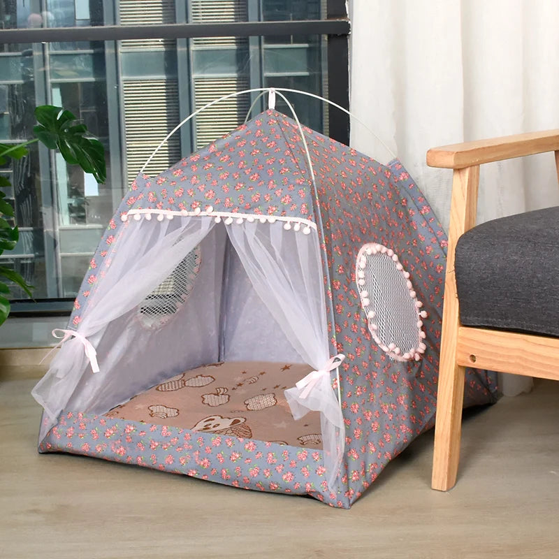 Semi-Enclosed Pet Tent Bed - Universal All Seasons Cat & Small Dog House with Floral Design