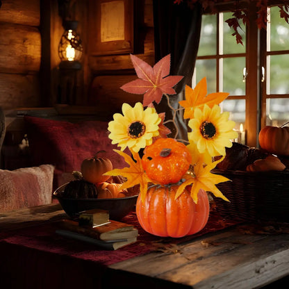 Autumn Pumpkin & Sunflower Tabletop Bonsai - Fall Decor for Halloween, Thanksgiving & Home