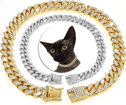 Luxury Gold Cat Necklace - Rhinestone Cuban Chain Collar for Cats & Puppies