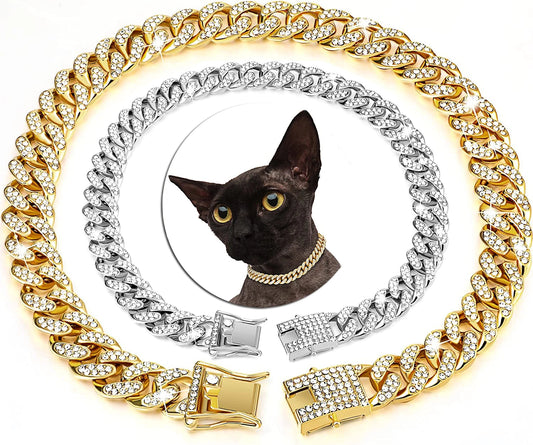 Luxury Gold Cat Necklace - Rhinestone Cuban Chain Collar for Cats & Puppies