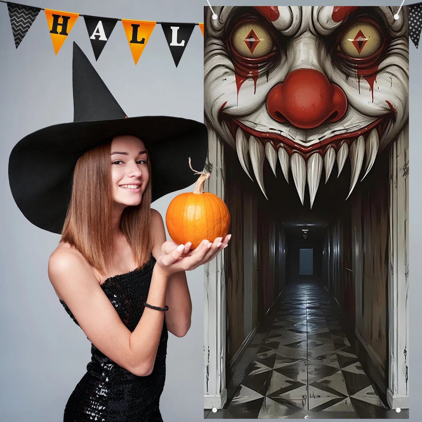 Halloween Door Cover Decoration - Spooky Witch & Zombie Theme 2D Wall Decor for Haunted House (Indoor/Outdoor)