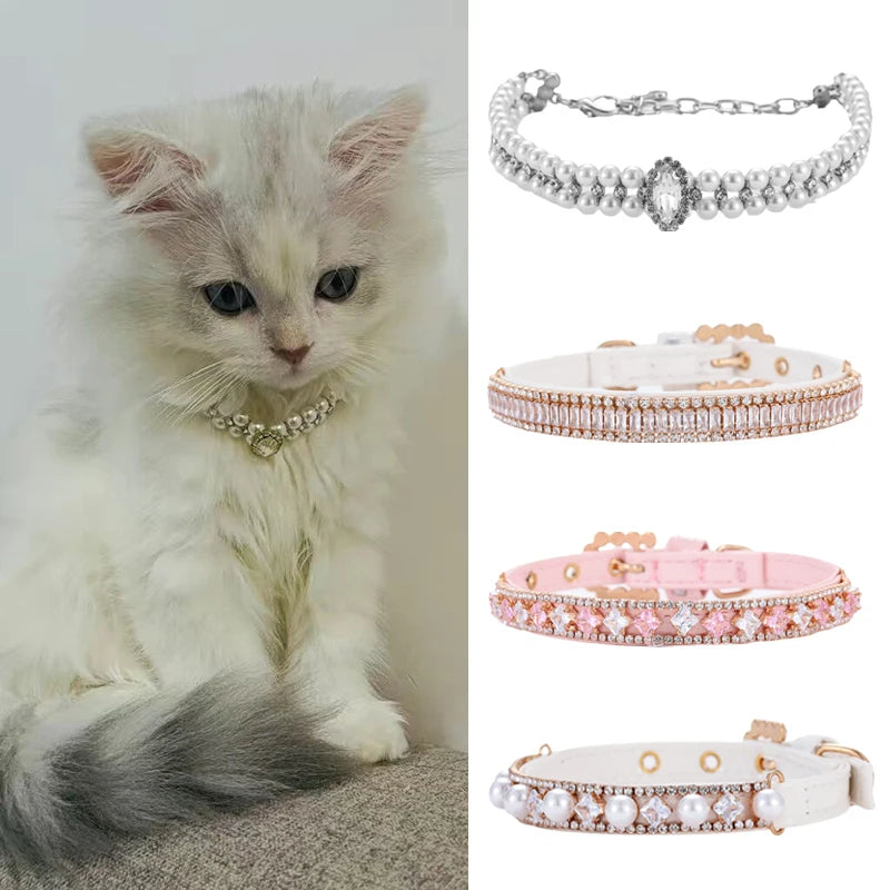 Luxury Pearl & Rhinestone Cat Necklace Collar - Fancy Pet Jewelry for Cats & Small Dogs