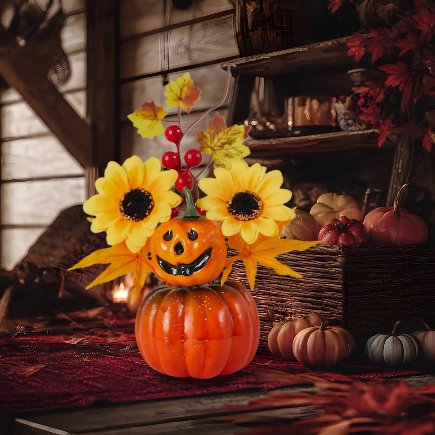 Autumn Pumpkin & Sunflower Tabletop Bonsai - Fall Decor for Halloween, Thanksgiving & Home