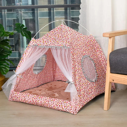 Semi-Enclosed Pet Tent Bed - Universal All Seasons Cat & Small Dog House with Floral Design