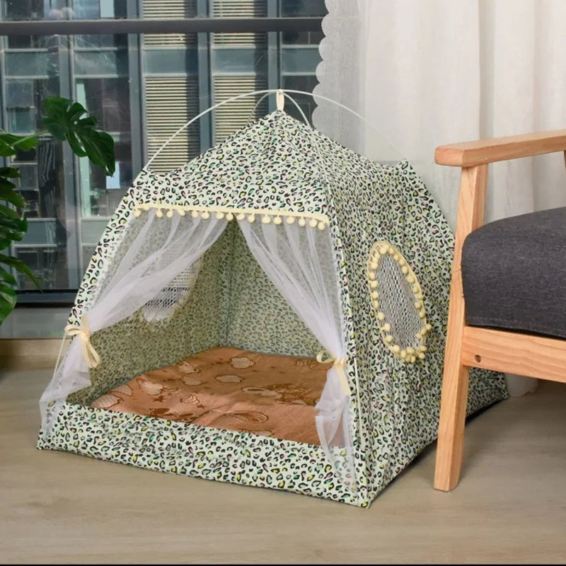 Semi-Enclosed Pet Tent Bed - Universal All Seasons Cat & Small Dog House with Floral Design