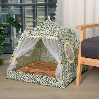 Semi-Enclosed Pet Tent Bed - Universal All Seasons Cat & Small Dog House with Floral Design