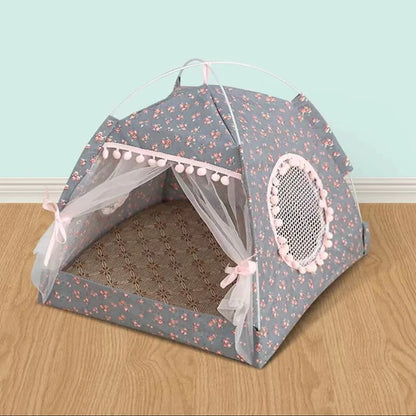 Semi-Enclosed Pet Tent Bed - Universal All Seasons Cat & Small Dog House with Floral Design