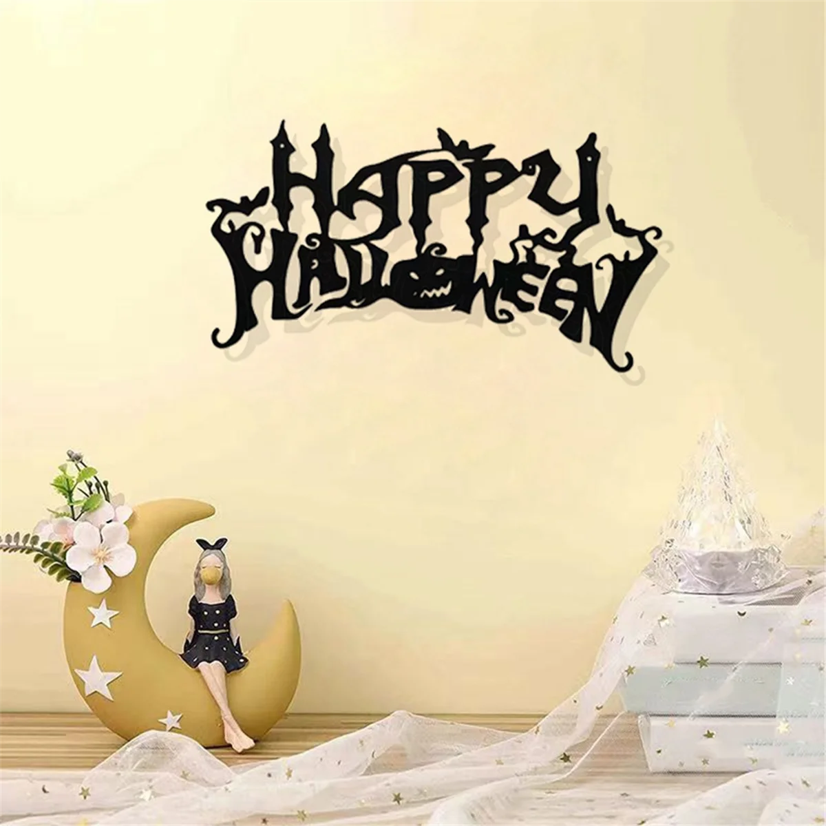 Halloween Theme Metal Wall Art - Black Classic Indoor Living Room Decor Wall Hanging (40x20.5cm)